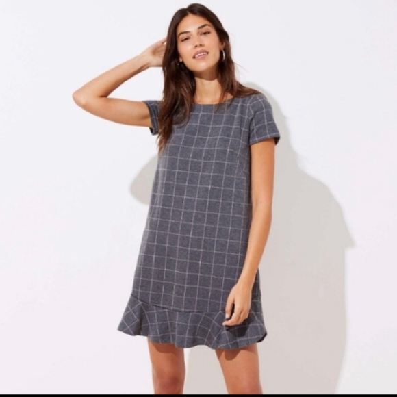 NWT Loft sz 4 petite Grey Window Pane Flounce Dress